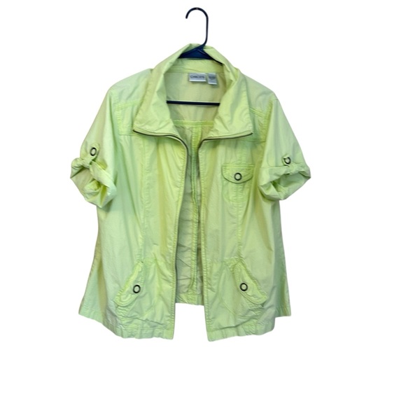 Chico’s Short Sleeve Shirt Jacket Line Green Fill Zip Sz 3/XL - Picture 2 of 5